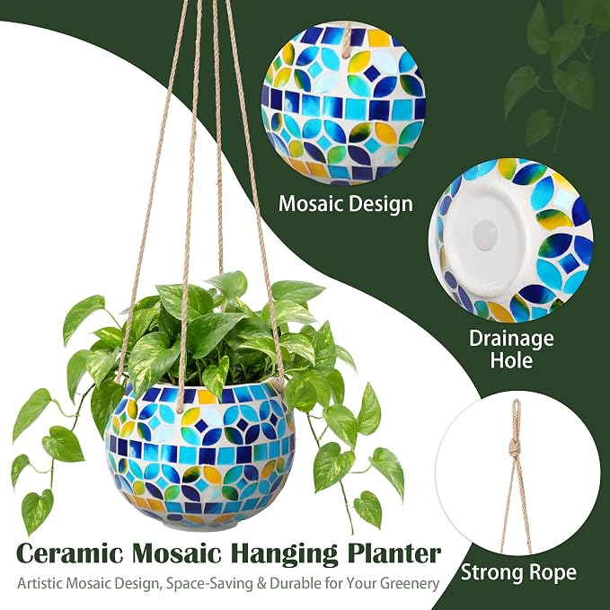Ceramic Hanging Planter Mosaic Hanging Flower Pot Small Plant Pot for Indoor Plant Garden Decor Disco Ball Planter with Drainage Square Blue