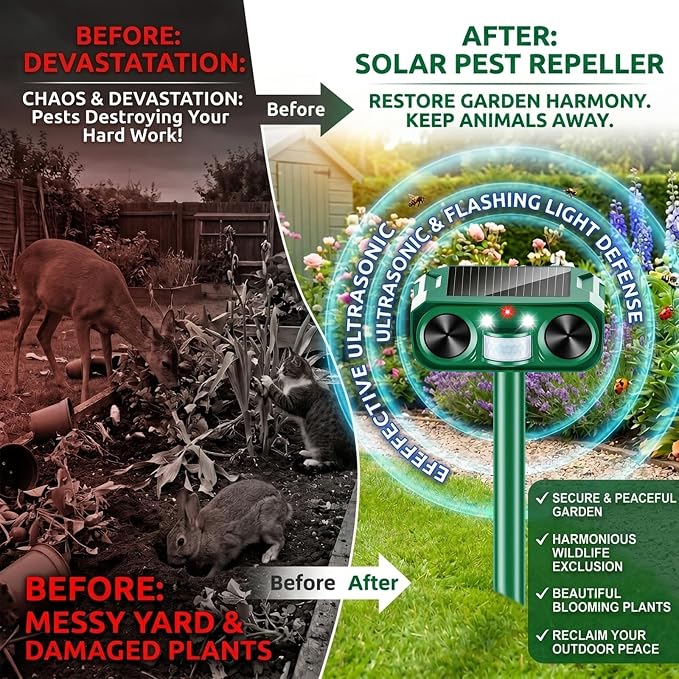 Solar Animal Repeller Outdoor, 4 Pack Ultrasonic Deterrent for Deer | Dual LED Flashing Lights, Motion Activated Deterrent, Garden,Yard&Farm Protection, 4 Pack Wider Coverage
