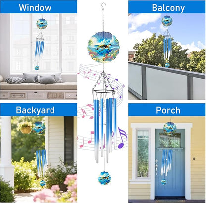Sea Turtle Wind Chimes for Outside with Wind Spinner, Outdoor Garden Patio Yard Porch Hanging Decor, Turtle Wind Chime with Colorful Gift Box, Birthday Housewarming Gifts for Women Mom