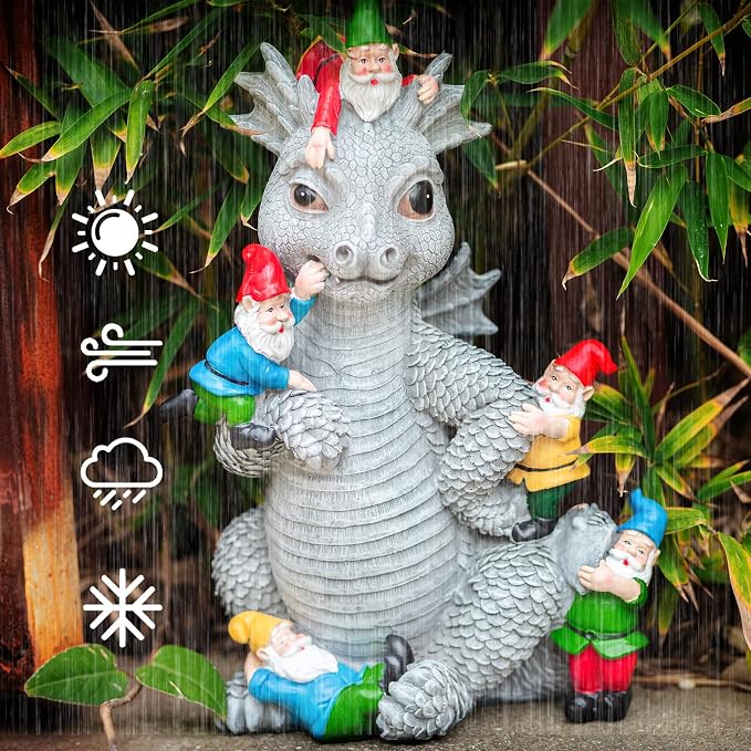 Dragon Gnome Statues Outdoor Decor, 13” Dinosaur Play with Gnomes Garden Statue, Outdoor Statue for Outside,Lawn Yard Decor, Gardening Gift