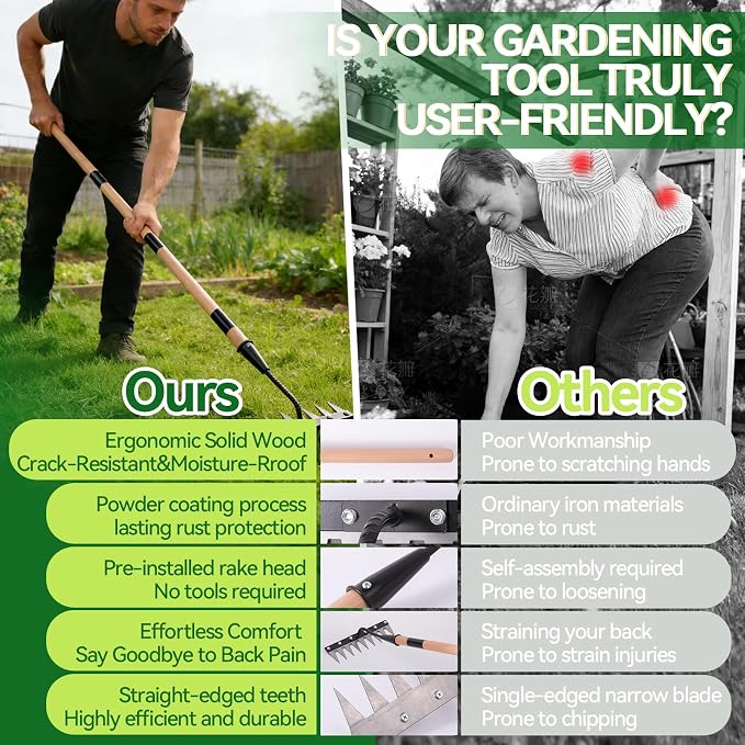Gardenia 9-Tine Iron Weeding Rake, Heavy Duty Weed Puller for Garden Soil | Carbon Steel, 3 Adjustable Wooden Handle Lengths 31"-63", for Lawn, Yard & Farm Weeding, Soil Loosening, Debris Clearing