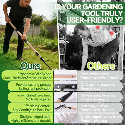 Gardenia 9-Tine Iron Weeding Rake, Heavy Duty Weed Puller for Garden Soil | Carbon Steel, 3 Adjustable Wooden Handle Lengths 31"-63", for Lawn, Yard & Farm Weeding, Soil Loosening, Debris Clearing