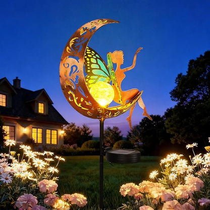 Solar Fairy Garden Light Outdoor Yard Decor Gifts for Women Mom Grandma | Solar Auto On/Off, IP65 Waterproof Rustproof, Easy Stake Install, Durable Metal Build, Cracked Glass Moonlight Glow