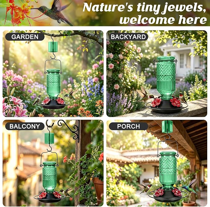 FEED GARDEN Glass Hummingbird Feeder, 16oz Outdoor Hanging Bird Feeder with Ant Moat, 4 Bee-Proof Feeding Ports, 360° Perch, Leak-Proof, Green