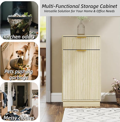 Ball & Cast 10-Gallon Tilt Out Trash Can Cabinet with Hideaway Drawer, Wooden Freestanding Garbage & Recycling Cabinet, Wave-Textured Pull-Out Bin for Kitchen, Bathroom, Living Room (Natural Oak)