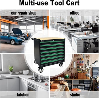 7-Drawer Tool Chest with Wood Top, 31.3W x 18.9D x 32.3H inches, Black and Green，Locking Rolling Tool Box with Wheels,Mechanic Tool Cabinets for Garage, Warehouse,Repair Shop(7 Drawers)