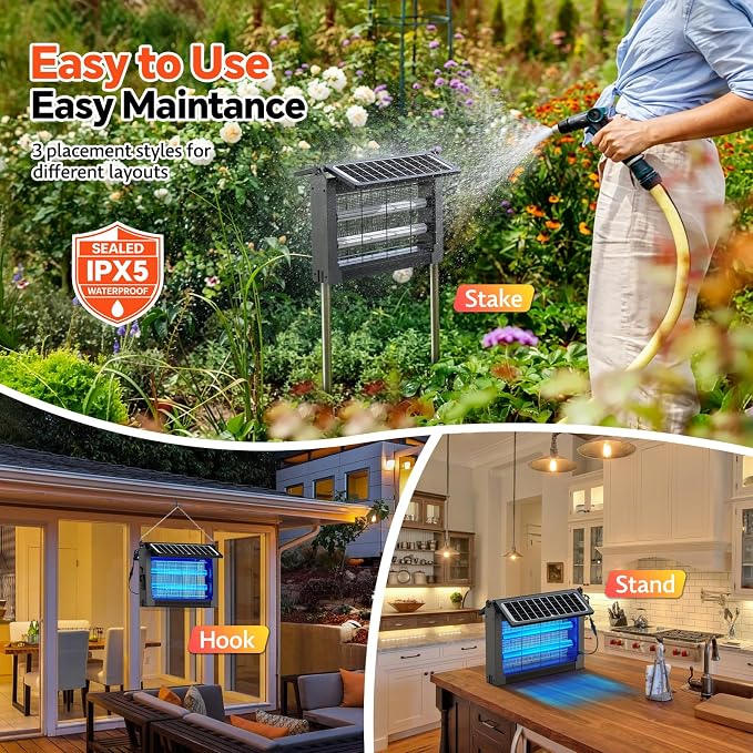 Solar Bug Zapper Outdoor, Dual Solar Panels, 4500V Waterproof Portable Mosquito Zappers, Cordless Fly Trap w/Auto Mode, Rechargeable Mosquitoes Insect Killer for Patio Yard Garden Camping Pool(Gray)