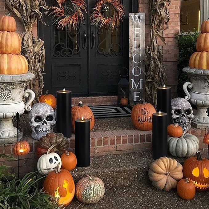 Waterproof 4" x 12" Flameless LED Remote Candles, Battery Operated Flickering Fake Timer Pack of 2 Tall Large Plastic Black Pillar Lasting 420 Hrs Outdoor Candles for Halloween Festival