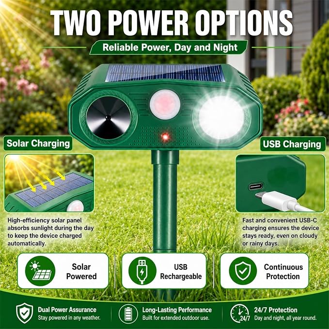 4 Pack Deer Repellent Devices,Ultrasonic Cat Repellent Outdoor Solar Animal Repeller for Squirrel Racoon Rabbit Fox Dog Skunk,Flashing Light IP65 Waterproof Motion Sensor Animal Deterrent for Garden