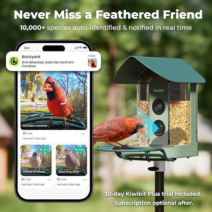 Kiwibit Smart Bird Feeder with 4K AI Camera Solar Powered | AI Identification Bird Species 10,000+, 4K Video Live Stream, 8MP Photos, Real-Time Bird Alert, Backyard Birdwatching Gift