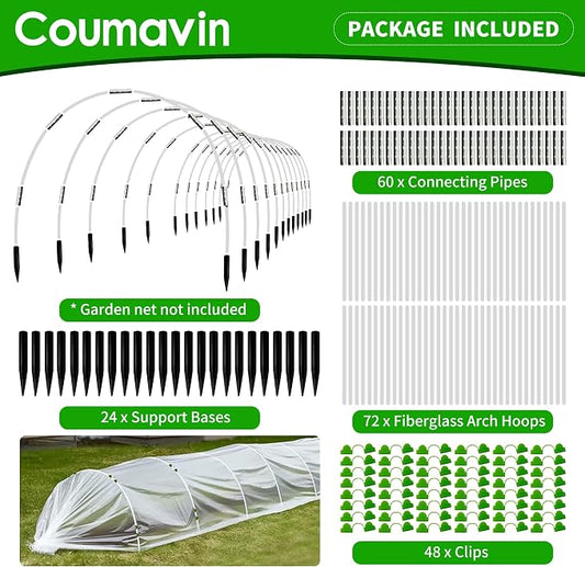 8FT Rust-Free Fiberglass Garden Hoops -72 PCS DIY Grow Tunnel Kit for Raised Beds, Row Cover Support with Connectors/Clips, Sun Shade &Year-Round Plant Protection, White
