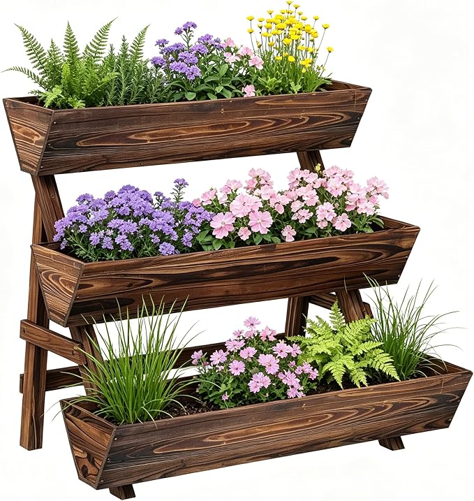 3-Tier Vertical Wooden Raised Garden Bed, Freestanding Garden Planter Box, Wood Flower Rack, Planter Box for Herbs, Vegetables, Outdoor Indoor Use, Large-Brown, Large-Carbonized