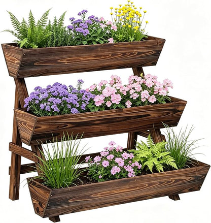 3-Tier Vertical Wooden Raised Garden Bed, Freestanding Garden Planter Box, Wood Flower Rack, Planter Box for Herbs, Vegetables, Outdoor Indoor Use, Large-Brown, Large-Carbonized