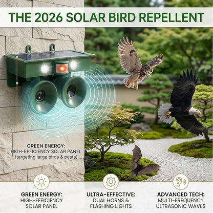 Solar Bird Repeller Outdoor, Woodpecker Deterrent Device for Patio | Ultrasonic Pigeon Waterproof Repellent with Motion Sensor & Flashing Light for Garden&Patio