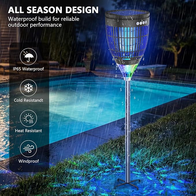 Solar Bug Zapper Outdoor, Jinyeda 4200V Mosquito Zapper with RGB Projector & Flame Lights, Cordless Mosquito Killer, USB Rechargeable Fly Insect Trap Waterproof Lighting Decor for Patio, Garden, Yard