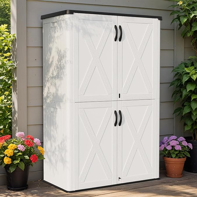 Greesum Outdoor Storage Cabinet, 50 CUFT Deck Box Without Shelves, Waterproof Plastic Storage Shed for Patio Cushions, Gardening Tools, Lockable and Sidehandles, UV Resistant, White