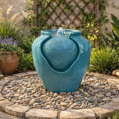 Teamson Home Floor Glazed Pot Water Fountain with Built-in LED Light and Pump for Outdoor Indoor Patio Garden Backyard Decking Home Décor, 17 inch Height, Teal | Floor Standing Ceramic Waterfall, LED Lights, Patio Garden Deck Porch Yard, Zen Outdoor De...
