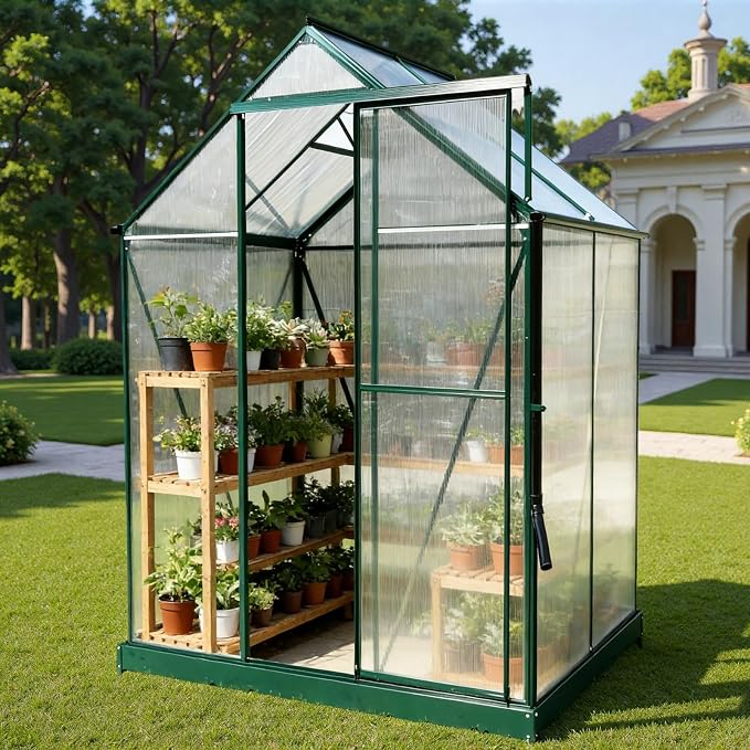 6x4 FT Greenhouse, Walk-in Polycarbonate Greenhouse, Heavy Duty Aluminum Outdoor Green House Kit with Sliding Door, Roof Vent, Rain Gutter for Backyard Garden All Season Growing, Green