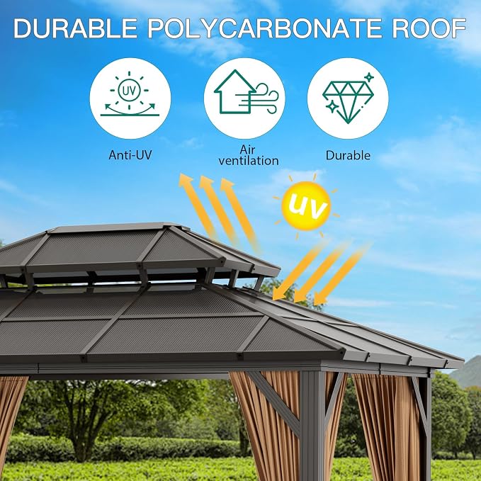 GAOMON 10'x12' Hardtop Gazebo, Outdoor Polycarbonate Double Roof Canopy, Aluminum Frame Permanent Pavilion with Curtains and Netting, Sunshade for Garden, Patio, Lawns (10x12ft)
