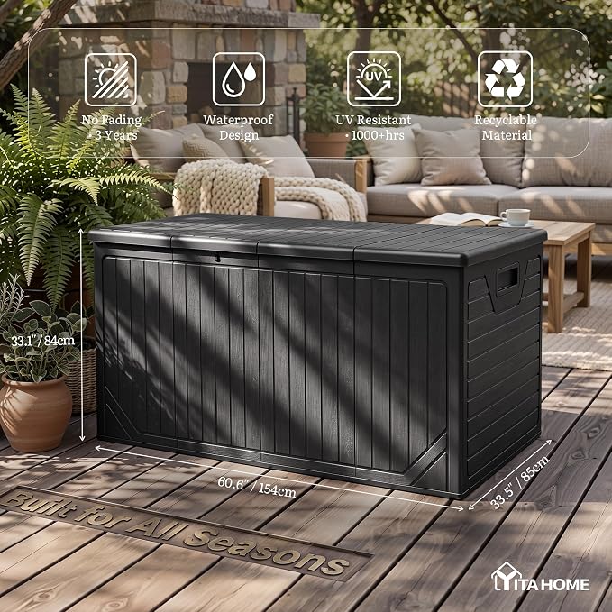 YITAHOME XXL 300 Gallon Extra Large OutdoorDeck Box | Lockable Resin Storage Box and Waterproof Patio Furniture Bin for Garden Tools & Pool Accessories, Black