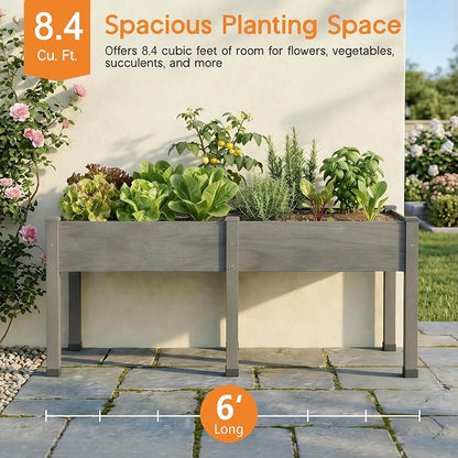 SPECRAFT 72x24x30in Raised Garden Bed with Legs, 8.4 Cu Ft Wooden Planter Box with Drainage Holes & Liner, Outdoor for Patio Backyard Gardening, Gray