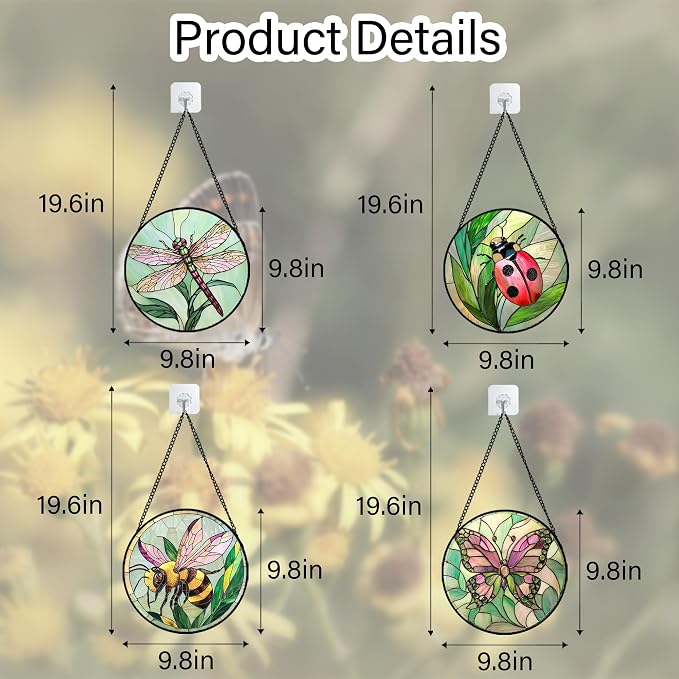 DASTOLL Stained Glass Window Hanging 4 Pcs Set Pink Green Insect Theme 9.8" - Butterfly Suncatcher Door Garden Sun Catcher Decor Birthday Christmas for Mom Woman Nana Men