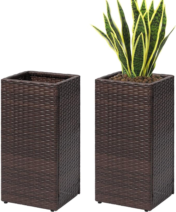 SUNNYPARK 2 Pack Tall Planters for Outdoor Rattan Square Box 12x12x24inch | All-Weather, Handmade PE Rattan, Removable Liner, Indoor Outdoor, Patio Porch Garden, Modern Design for Plants Flowers