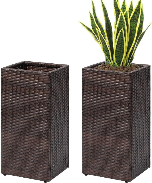 SUNNYPARK 2 Pack Tall Planters for Outdoor Rattan Square Box 12x12x24inch | All-Weather, Handmade PE Rattan, Removable Liner, Indoor Outdoor, Patio Porch Garden, Modern Design for Plants Flowers