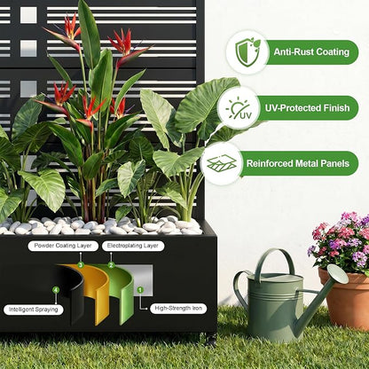 Casaphoria Metal Raised Garden Bed with Trellis and Wheels, 72"x47"x16" Planter Box for Climbing Plants, Vegetables & Vines, Features Drainage Holes and Privacy Screen (Black-Harold)