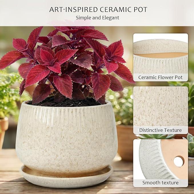 10.3 Inch Ceramic Planter with Saucer,Modern Garden Pots with Drainage Hole Mesh Net, for Indoor Outdoor Use (Silk White)