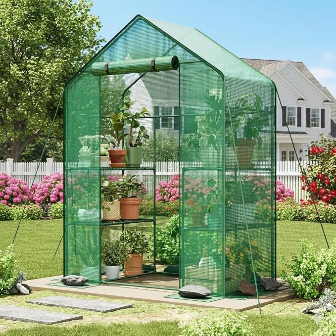 Superlele Walk-in Greenhouse for Outdoor, 56x29x77 Inch Portable Garden Green House with 6 Tiers (3 Tiers Each Side), Reinforced Green PE Mesh Cover, 4 Ground Stakes for Stability, Zippered Door