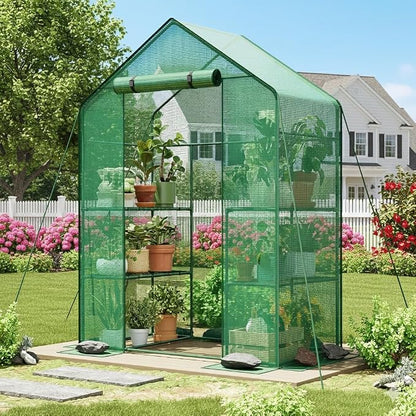 Superlele Walk-in Greenhouse for Outdoor, 56x29x77 Inch Portable Garden Green House with 6 Tiers (3 Tiers Each Side), Reinforced Green PE Mesh Cover, 4 Ground Stakes for Stability, Zippered Door