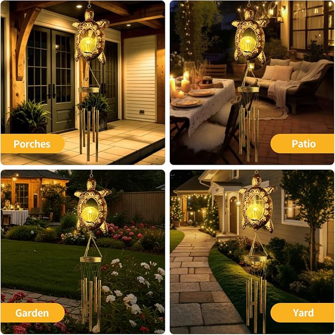 Sea Turtle Solar Lights Outdoor Decor Crackle Glass Ball Solar Turtle Wind Chimes for Outside Unique Gifts for Women Birthday Gardening Gift Housewarming Ornament for Patio Yard Garden Decor