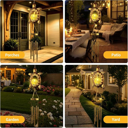 Sea Turtle Solar Lights Outdoor Decor Crackle Glass Ball Solar Turtle Wind Chimes for Outside Unique Gifts for Women Birthday Gardening Gift Housewarming Ornament for Patio Yard Garden Decor