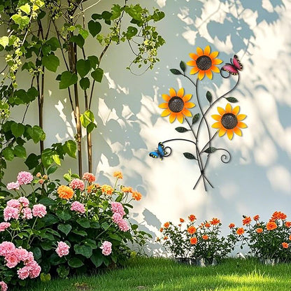 DETENE Metal Sunflower Wall Decor with Butterfly 3D Colorful Outdoor Wall Art Fence Decorations for Patio Metal Flowers Wall Hanging Ornament for Garden Porch Living Room Balcony Farmhouse