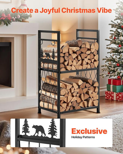 VEVOR Indoor Firewood Rack, 1.3 ft 2-Tier Firewood Holder with Fireplace Tools, Brush, Shovel, Poker, Tongs, Heavy Duty Log Wood Rack, 400 lbs Weight Capacity, Wood Pile Storage Stacker for Fire Pit