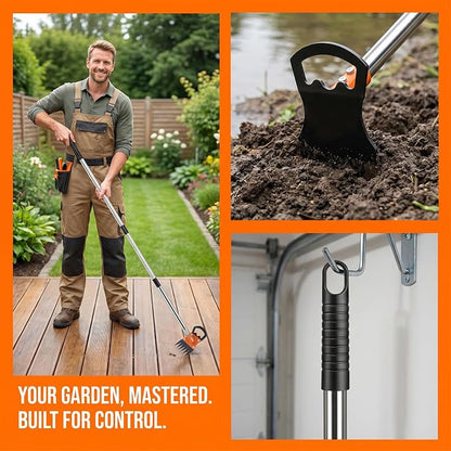 Weed Puller Tool with Long Handle, 59" Manual Weeder Remover Tool, 2 in 1 Hand Weed Rake and Garden Hoe for Gardening, Lawns, Yards