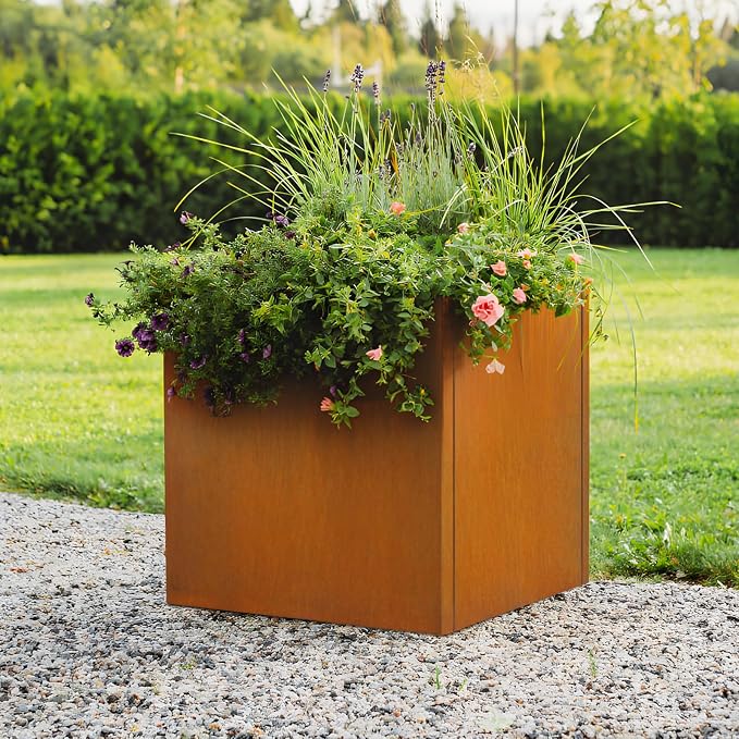 24"x24"x25" Corten Steel Planter Box, Rustic Metal Planter with Drainage Holes, Rust & Weather Resistant for Patio Garden Indoor Outdoor Commercial Use