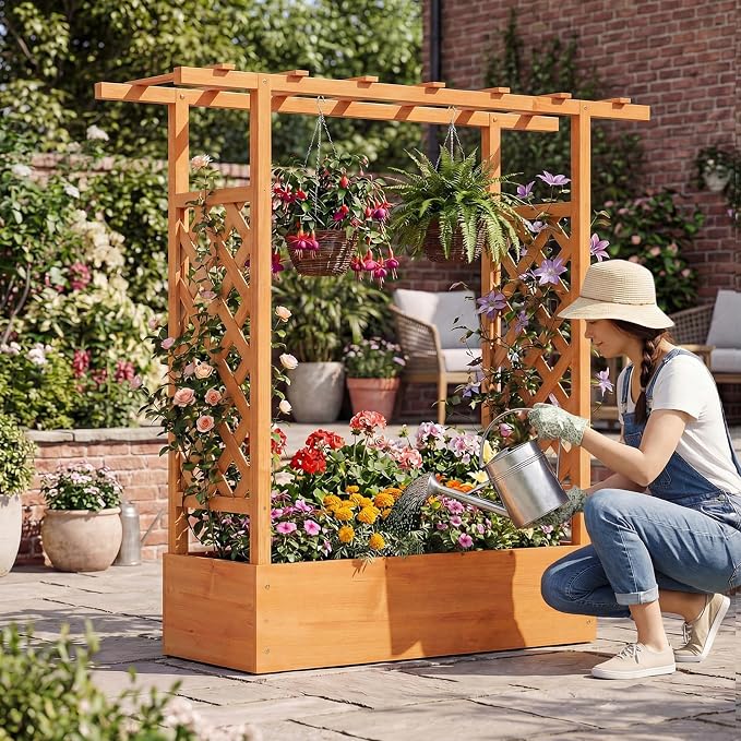 Giantex Wooden Raised Garden Bed with Trellis & Hanging Roof, Fir Wood Planter Box, 45" Freestanding Elevated Garden Bed for Outdoor Climbing Plants Vegetables Flowers, Patio & Balcony, Orange