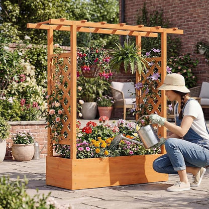 Giantex Wooden Raised Garden Bed with Trellis & Hanging Roof, Fir Wood Planter Box, 45" Freestanding Elevated Garden Bed for Outdoor Climbing Plants Vegetables Flowers, Patio & Balcony, Orange