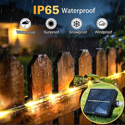 KNONEW Solar Rope Lights Outdoor 2 Packs Total 600LED 100FT Solar String Light Outside Waterproof with 8 Modes Clear Thin Tube for Pool Patio Garden Fence Camping Yard Deck Trampoline（Warm White）