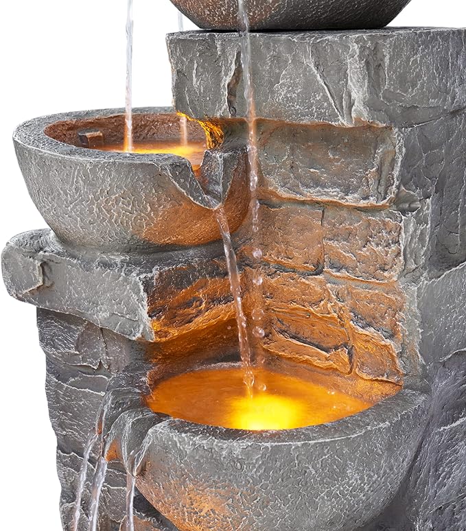 Teamson Home 33.25 in. Cascading Bowls and Stacked Stones LED Outdoor Water Fountain for Gardens, Landscaping, Patios, Balconies, and Lawns for a Calming Oasis in Outdoor Living Spaces, Stone Gray | LED Lights, 3-Tier Cascading Waterfall, Weather-Resis...