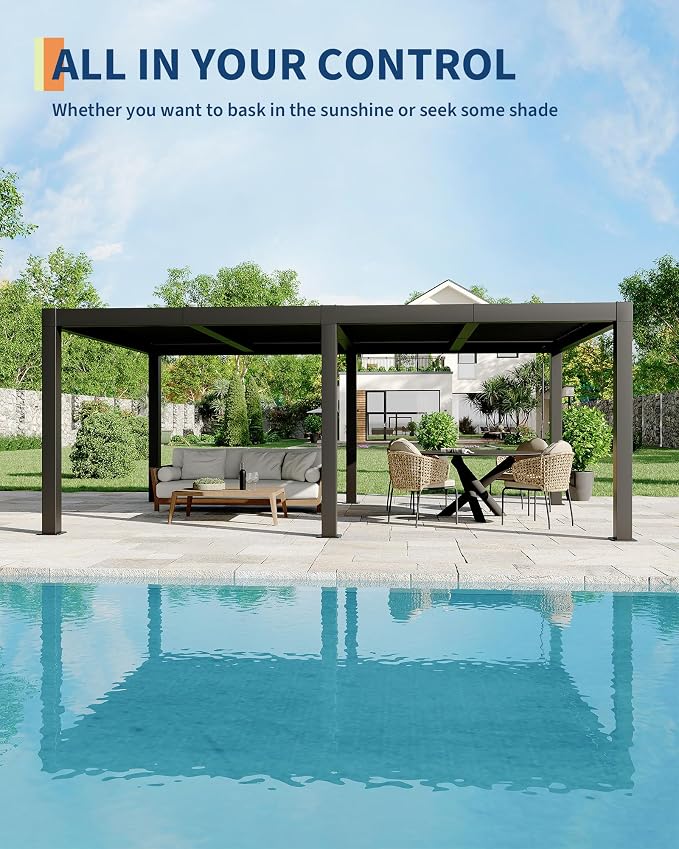 Garveelife All-Aluminum Louvered Pergola 12 ft x 20 ft, Outdoor Pergola with Adjustable Louvered Roof, Reinforced Aluminum Frame, Integrated Drainage System, Hardtop Gazebo for Patio, Deck, Gray
