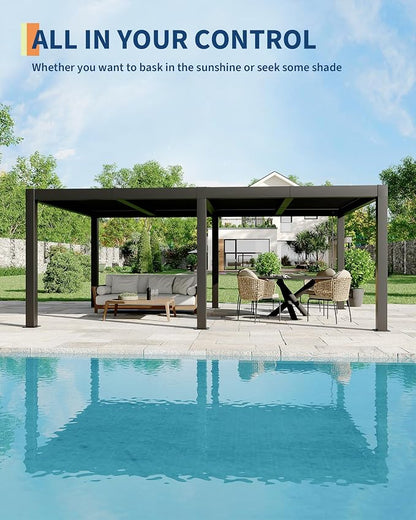 Garveelife All-Aluminum Louvered Pergola 12 ft x 20 ft, Outdoor Pergola with Adjustable Louvered Roof, Reinforced Aluminum Frame, Integrated Drainage System, Hardtop Gazebo for Patio, Deck, Gray