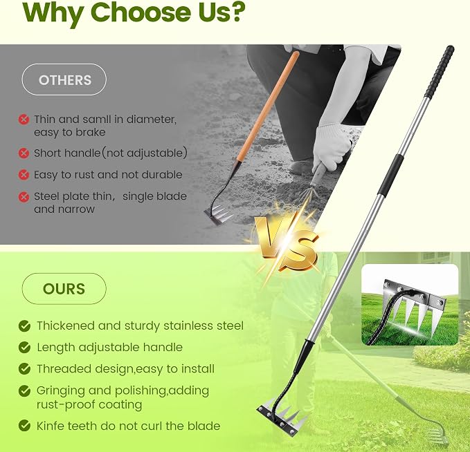 Iron Weeding Rake with Long Handle - Upgraded Rake 5 Teeth Weed Puller Tool, Heavy Duty Manual Weeder Remover Tool for Weeding, Cultivating & Soil Aeration