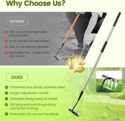 Iron Weeding Rake with Long Handle - Upgraded Rake 5 Teeth Weed Puller Tool, Heavy Duty Manual Weeder Remover Tool for Weeding, Cultivating & Soil Aeration