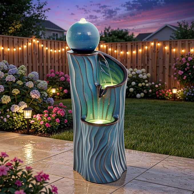 32" H Ceramic Outdoor Water Fountain with Lights, Art Sphere Fountains for Outside, Soothing Cascading Waterfalls for Relaxing Garden Patio Yard or Porch Decor, Turquoise, Dynamic Wave-Texture