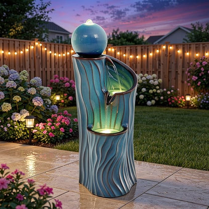 32" H Ceramic Outdoor Water Fountain with Lights, Art Sphere Fountains for Outside, Soothing Cascading Waterfalls for Relaxing Garden Patio Yard or Porch Decor, Turquoise, Dynamic Wave-Texture