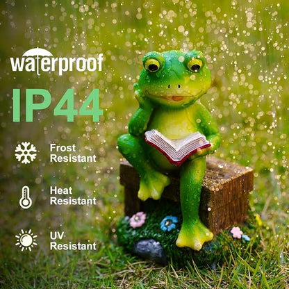 Solar Frog Garden Decor - Resin Frog Decor with LED Lights Outdoor Patio Yard Decor Garden Statue - Unique Frog Gifts for Mom Women