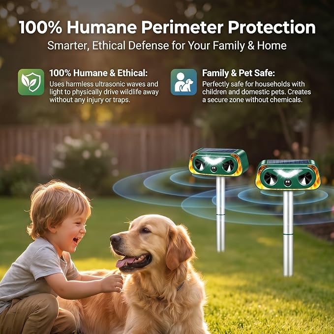 4 Pack Solar Ultrasonic Animal Repellent Outdoor, Motion Sensor Deer Repellent Device with LED Strobe Light, IP65 Waterproof Cat Squirrel Raccoon Rabbit Deterrent, Garden Yard Lawn Protection